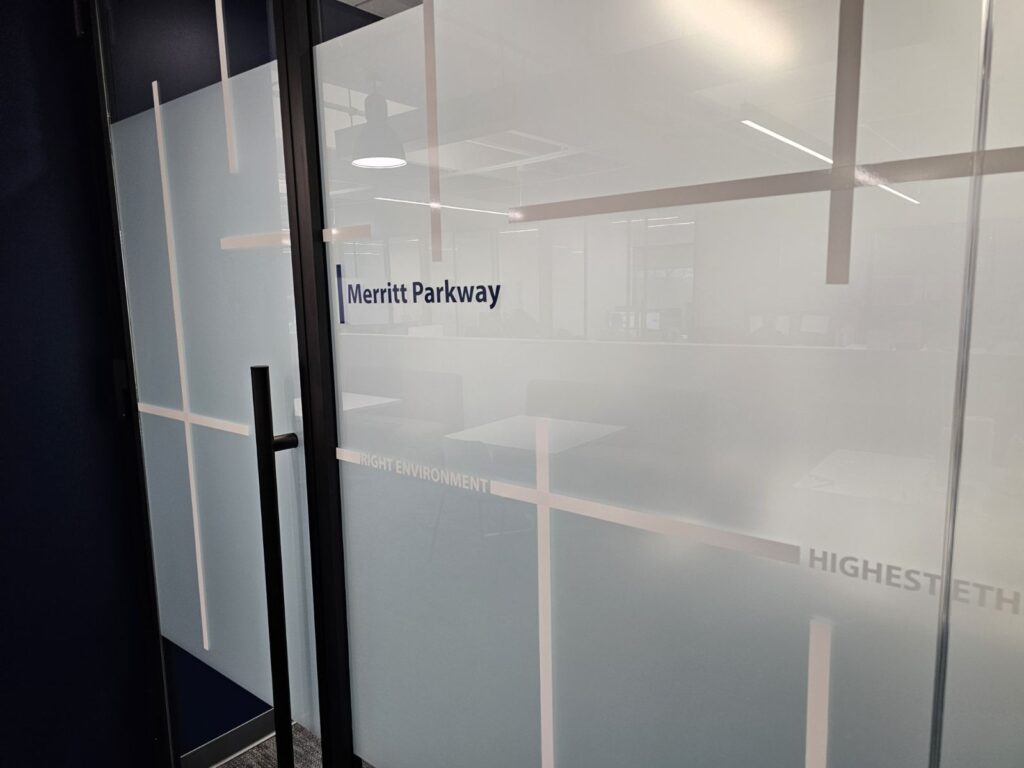Frosted glass entry to office